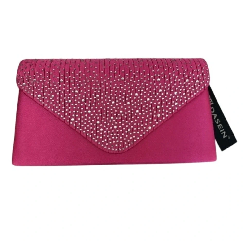 Dasein Women Fuchsia Pink Satin Rhinestone Pleated V-Flap Evening Clutch Bag